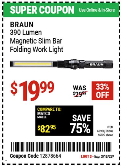 390 Lumen Aluminum Magnetic Base Slim Bar Folding Work Light ($19.99 after coupon - in-store)