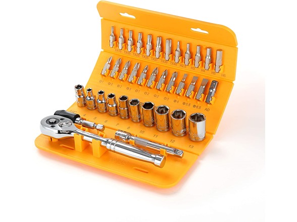 STEELHEAD 37PC 1/4" DR. (72 tooth Made in Taiwan RATCHET) SOCKET & BITS w/ wobble extension, quick rls extension, and bit adapter w/ case ($12.99 w/ Free Prime Ship from Woot)