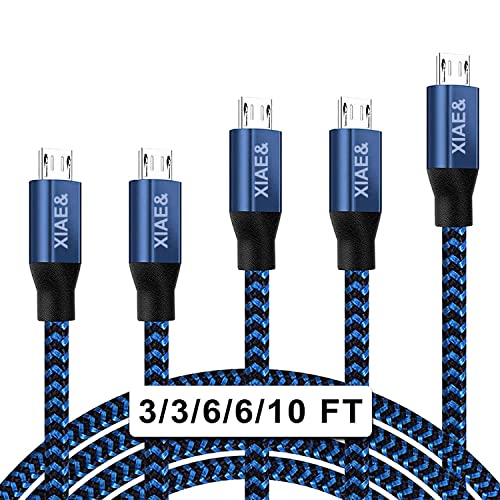 5 Pack Micro USB Cables (3/3/6/6/10FT) Nylon Braided Fast Charging Cable Aluminum Housing USB Charger Android Cable (Blue)  $6.49 w/ Free Prime Ship
