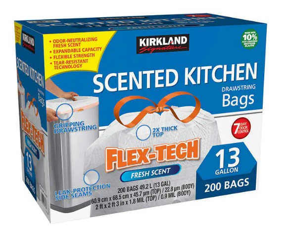 Kirkland Signature Drawstring Kitchen Trash Bags - 13 Gallon,  200 Count : Health & Household