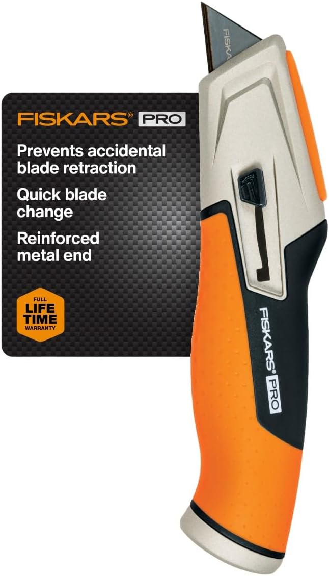 Fiskars Pro Retractable Utility Knife - Box Cutter with CarbonMax Blade and Easy Hinge Open /// $10.91 w/ Free Prime Ship