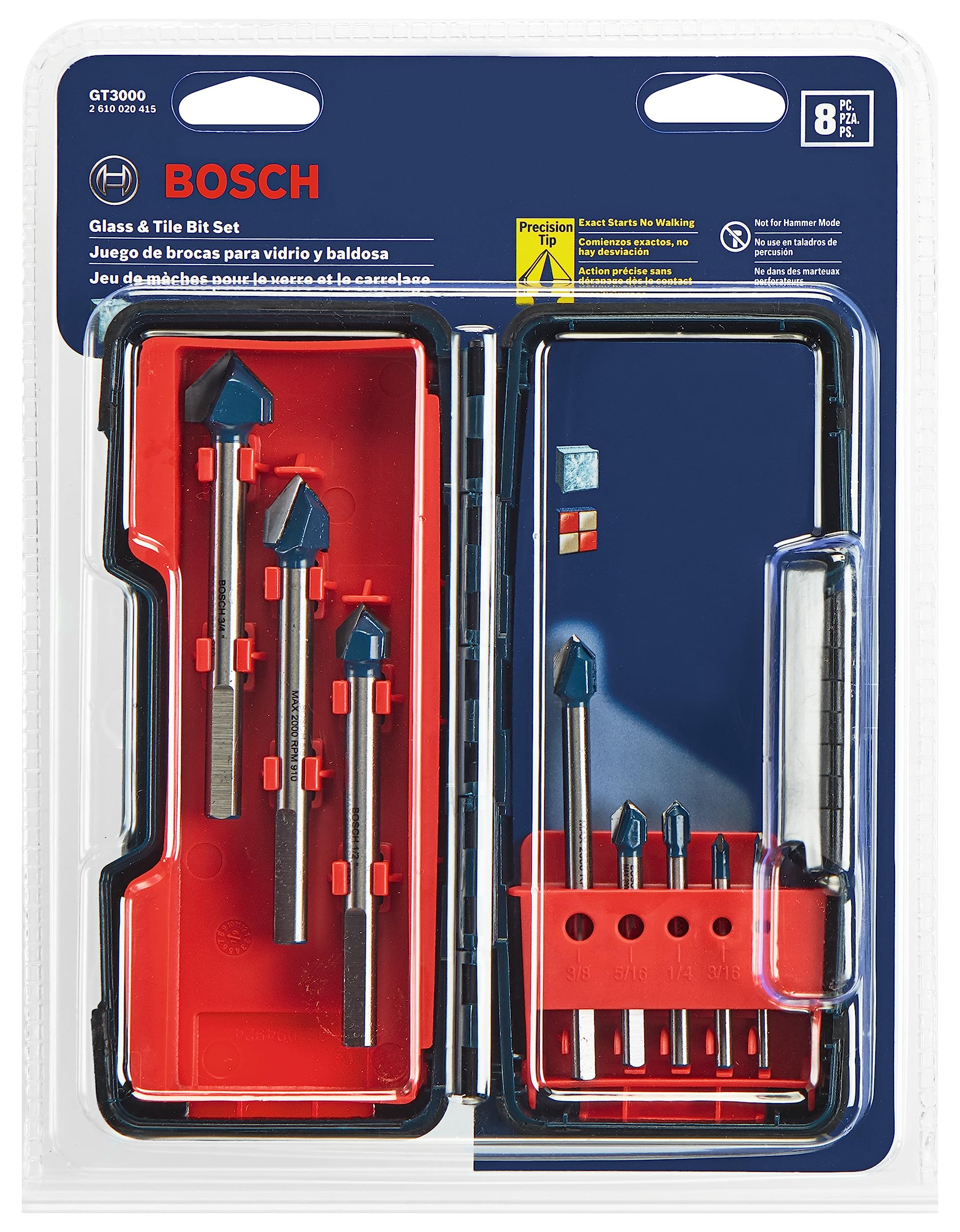BOSCH GT3000 8Piece Glass and Tile Carbide Hammer Drill Bits Assorted