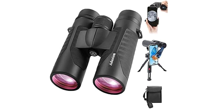 Adasion 12x42 HD Binoculars for Adults with Universal Phone Adapter $14.99