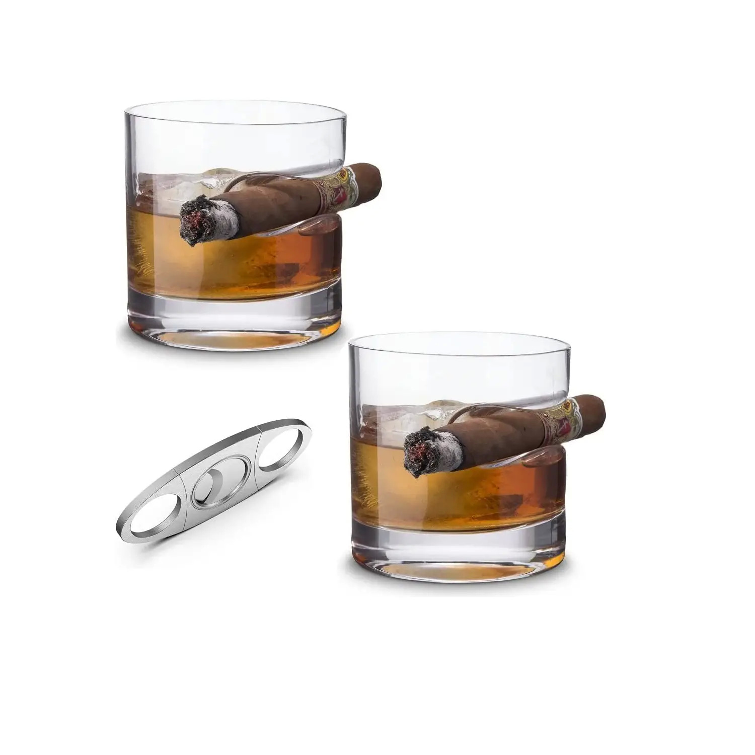 2-PC Set Cigar-Holding Whiskey Glasses + Bonus Cigar Cutter $18.74 + Free Shipping
