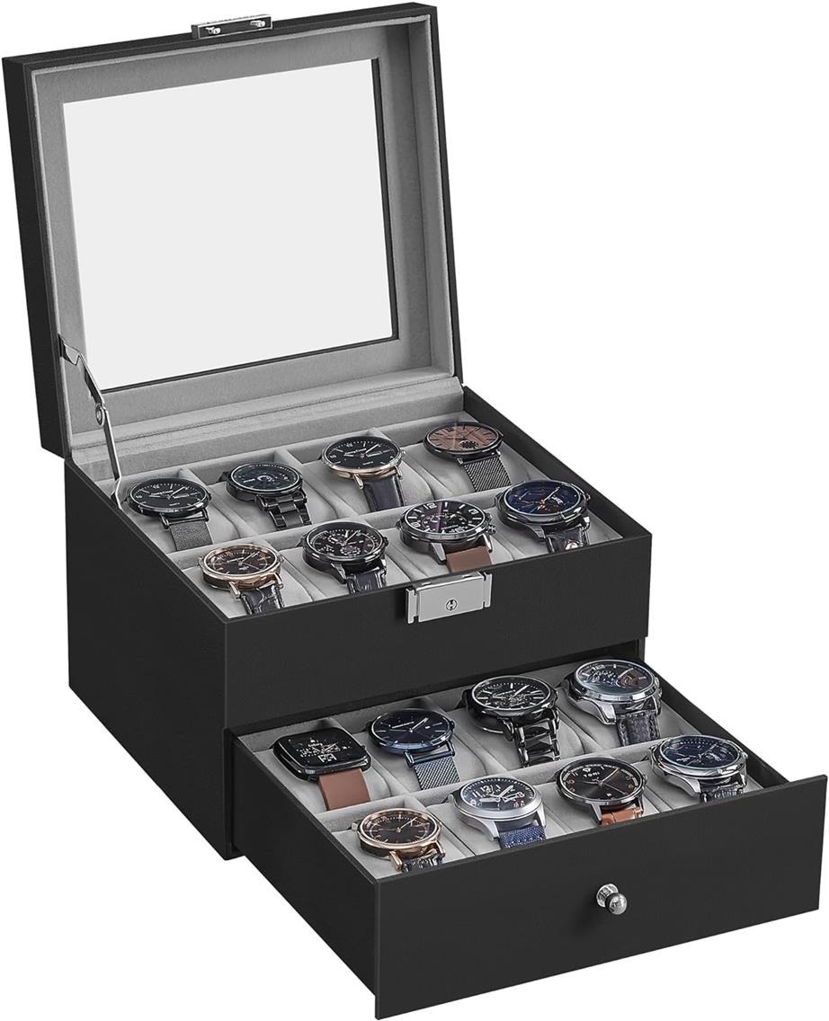 SONGMICS 16-Slot Watch Case with Glass Lid (Black+Grey) $19.99 + Free Shipping w/ Prime