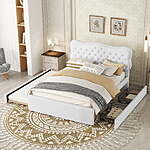 Euroco Tufted Upholstered Full Platform Bed w/ Storage + Twin Trundle, White $139.65 + Free Shipping