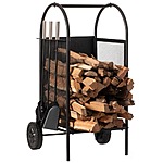 Indoor and Outdoor Patio Iron Firewood Log Cart w/ Wheels + Fireplace Tool Set, Black $69.93 + Free Shipping