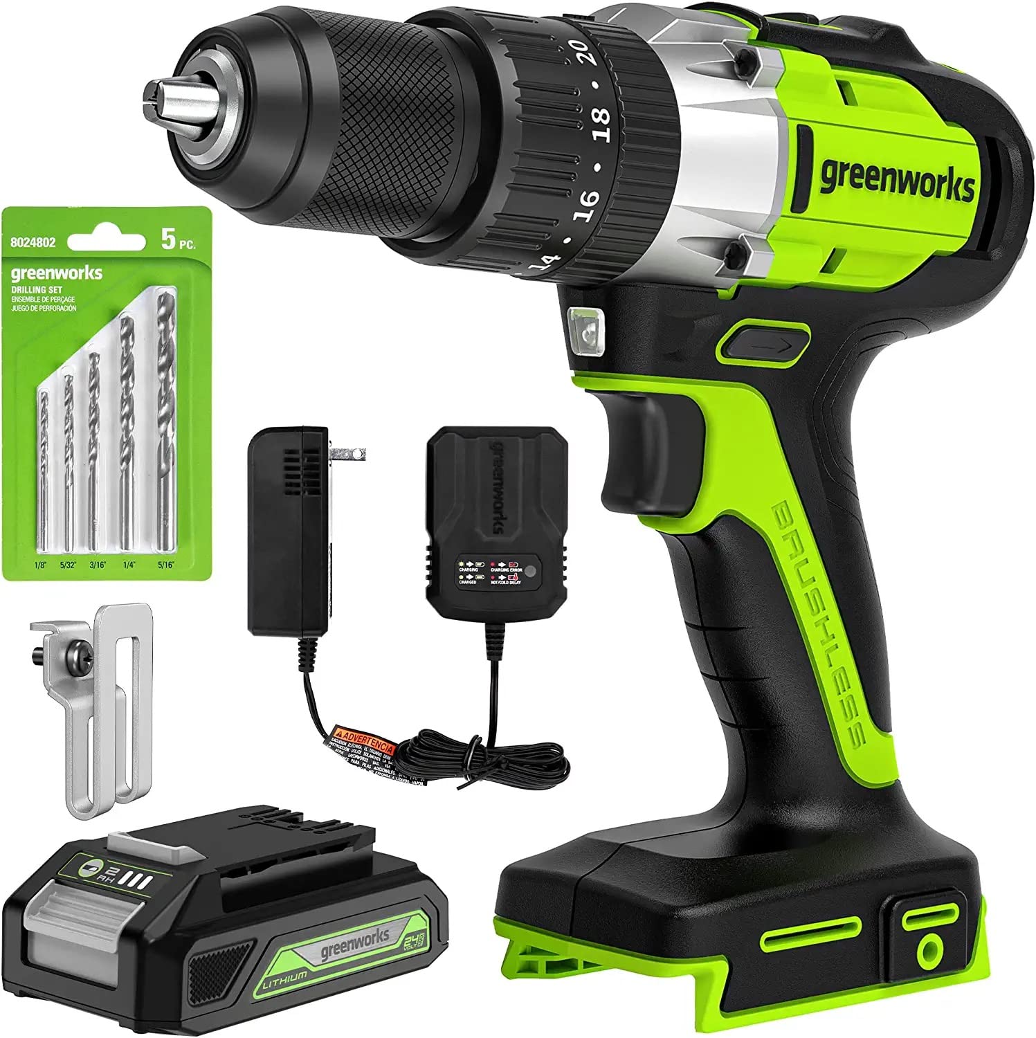 Greenworks 24V Brushless 1/2" Hammer Drill (Metal Chuck 20+3 Clutch / LED Light) + 5 PC Drill Bits, 2.0Ah Battery & Charger Included $58.09 + Free Shipping