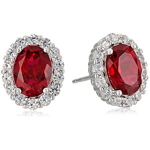 Amazon Collection Sterling Silver Created Ruby & White Sapphire Halo Oval Stud Earrings