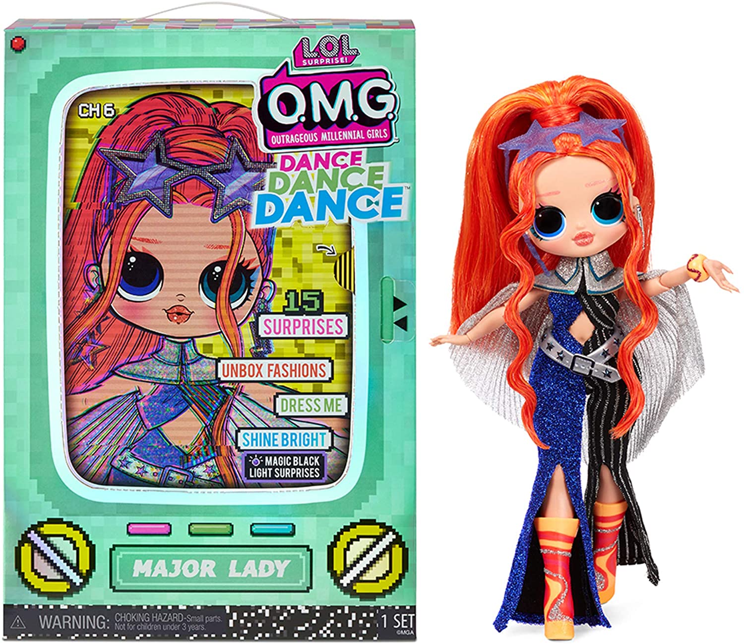LOL Surprise OMG Dance Dance Dance Major Lady Fashion Doll with 15 Surprises Including Magic Black Light, Shoes, Hair Brush, Doll Stand and TV Package L.O.L. Surprise! $15.4