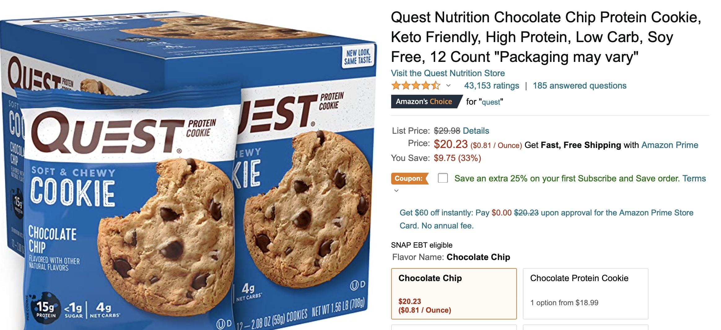 12-Count 2.08-Oz Quest Nutrition Protein Cookies Various Flavors from $12.14 with S&S (YMMV)