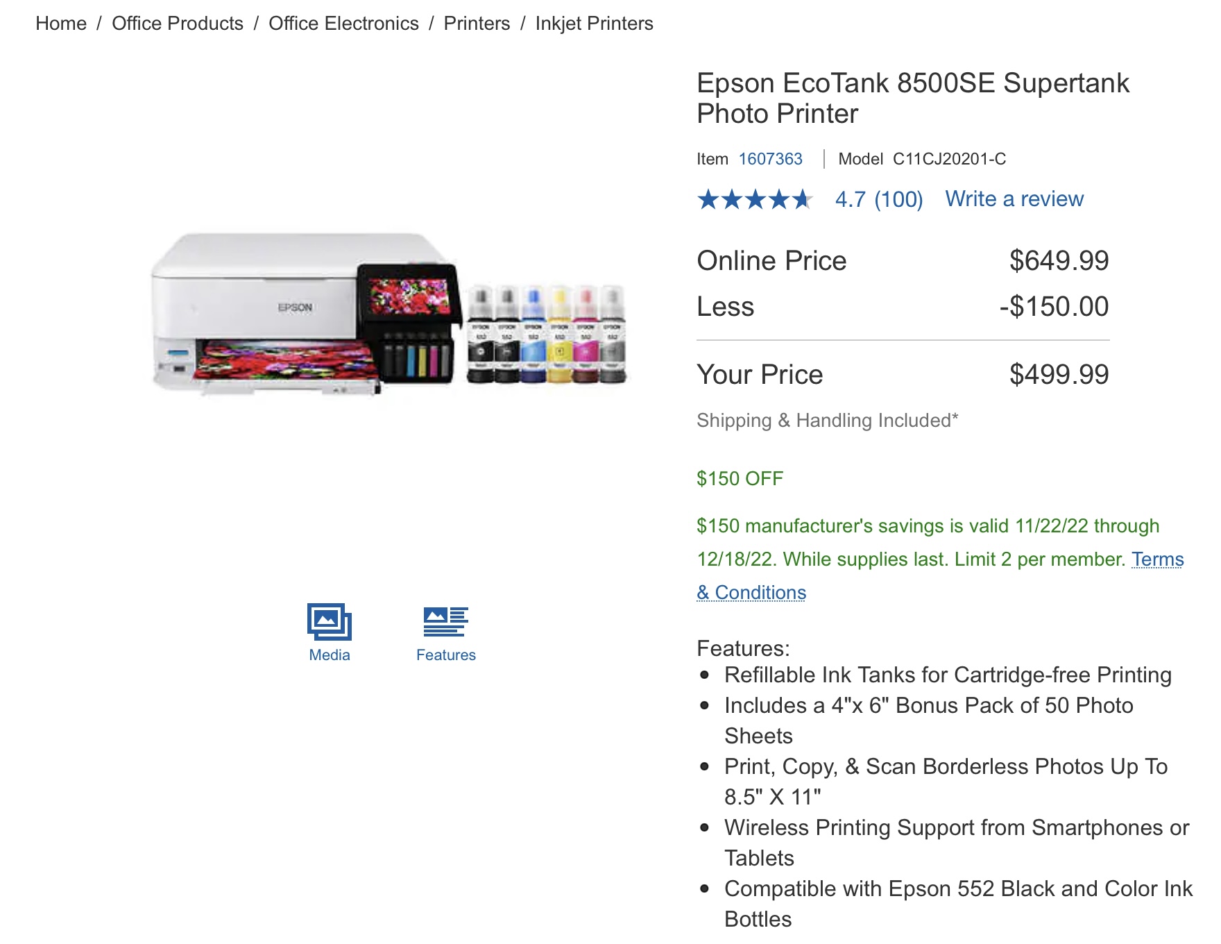 Epson EcoTank 8500SE Supertank Photo Printer $499.99 - Costco.com