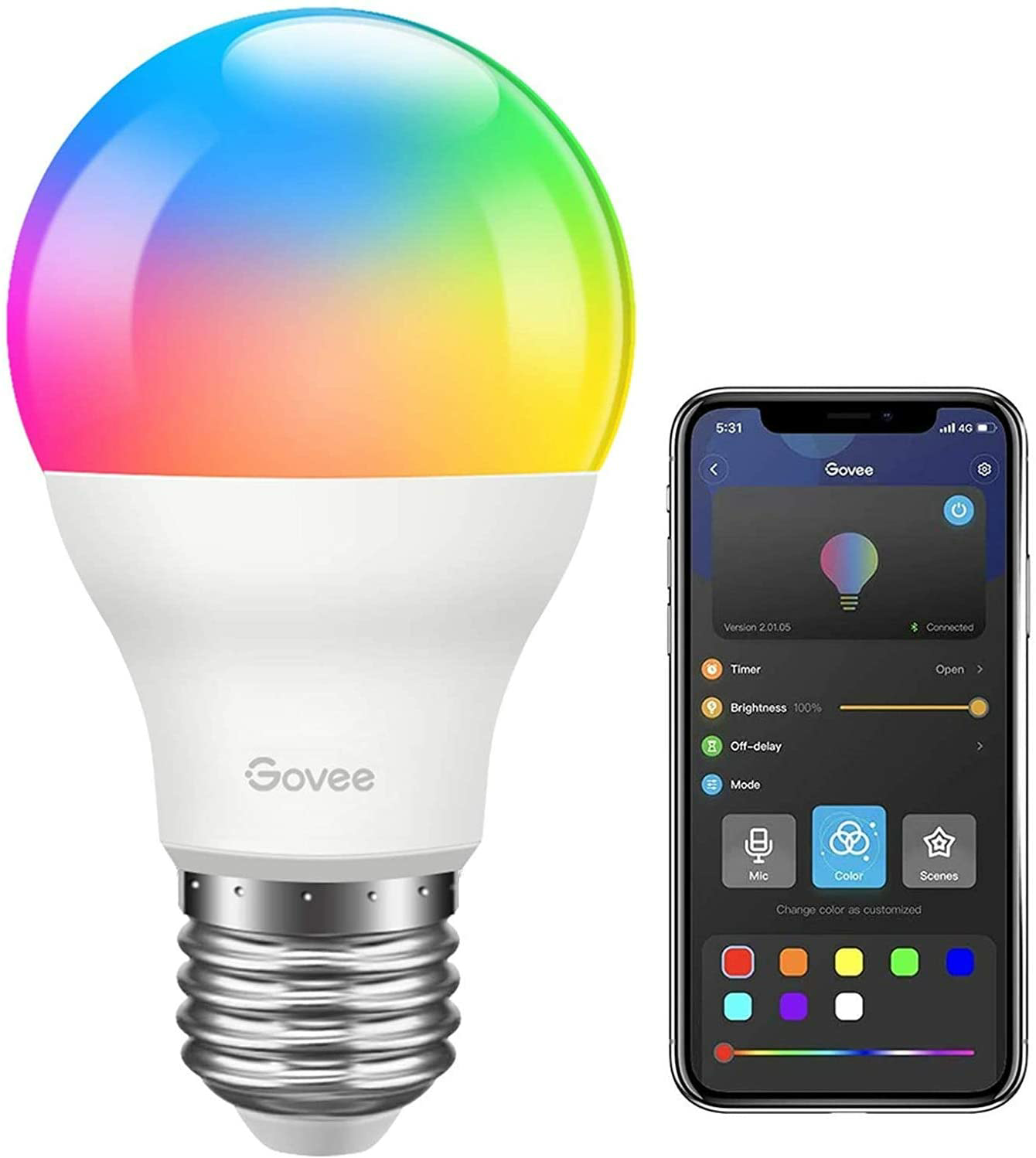 Govee LED Light Bulb Dimmable, Music Sync RGB Color Changing Light Bulb A19 7W 60W Equivalent, Multicolor Decorative No Hub Required LED Bulb with APP for Party Home $9.79