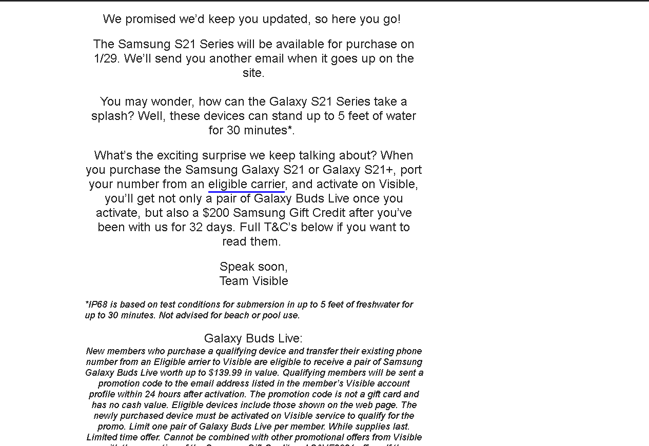 Samsung Galaxy S21 or Galaxy S21+  With 2 month Visible Service $399