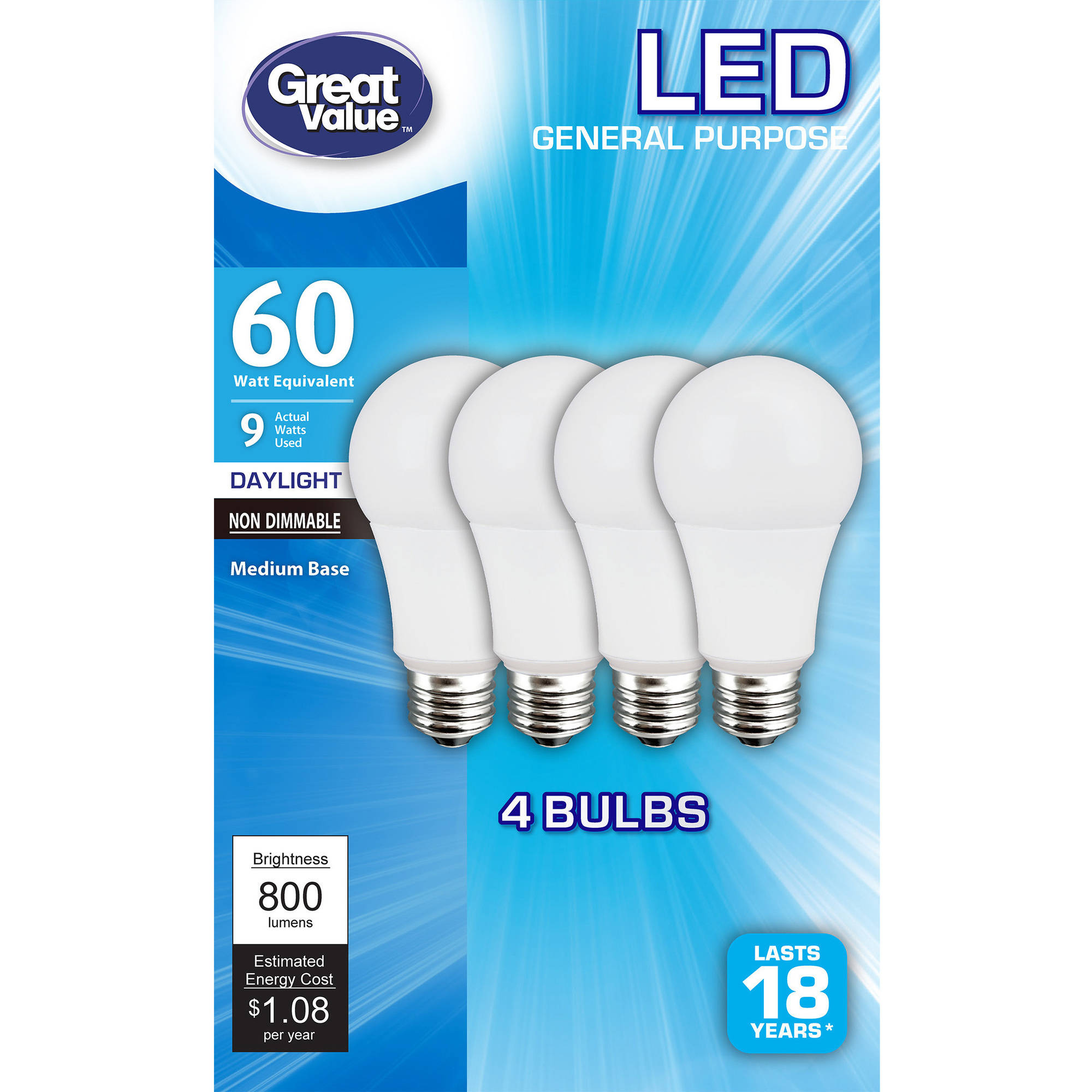 Walmart YMMV - Great Value LED Light Bulbs, 9W (60W Equivalent), Daylight, 4-count - Walmart.com $3