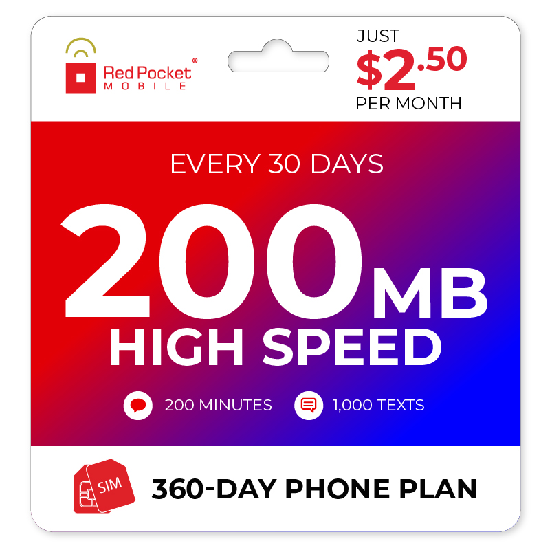 360-Day Red Pocket Prepaid Plan: 200 Min Talk, 1000 Texts ...