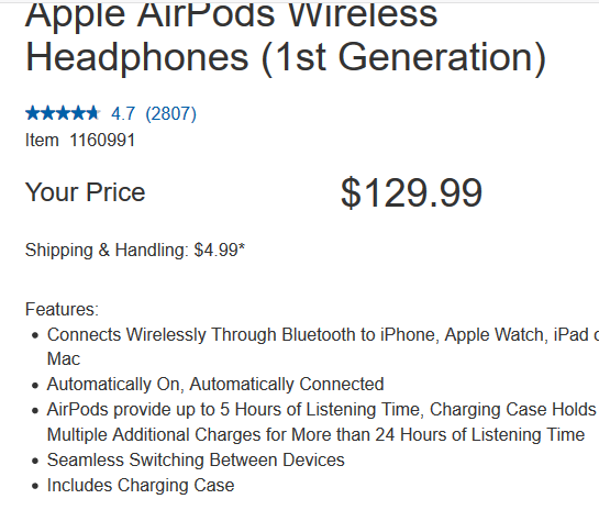 Apple AirPods (1st Generation) - Costco $129.99 - www.bagssaleusa.com