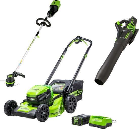 80V Greenworks Bundle w/ 21Inch Self Propelled Lawn Mower, 13Inch