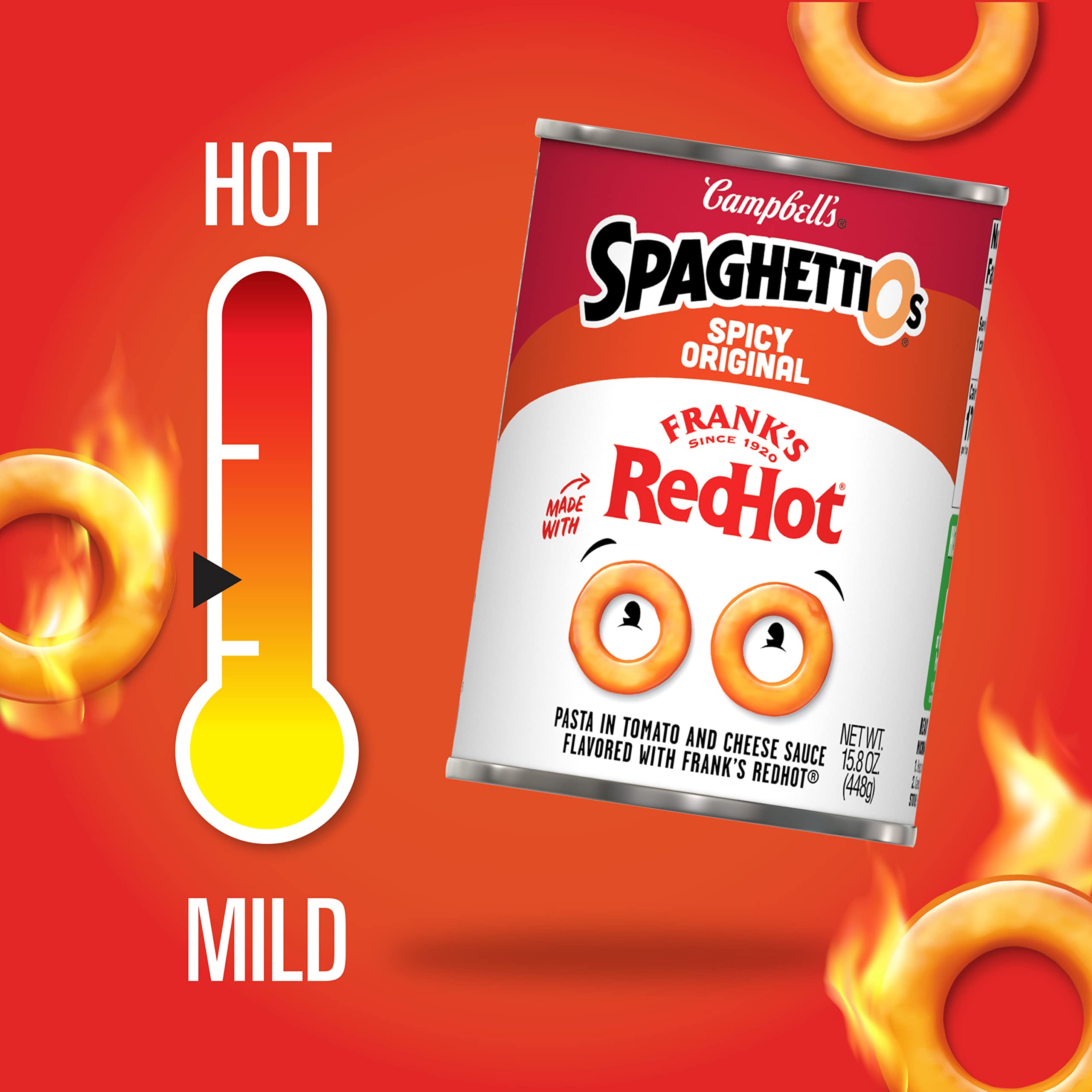 15.8Oz Campbell's SpaghettiOs Spicy Original w/ Frank's RedHot 1.24, 22.4Oz SpaghettiOs