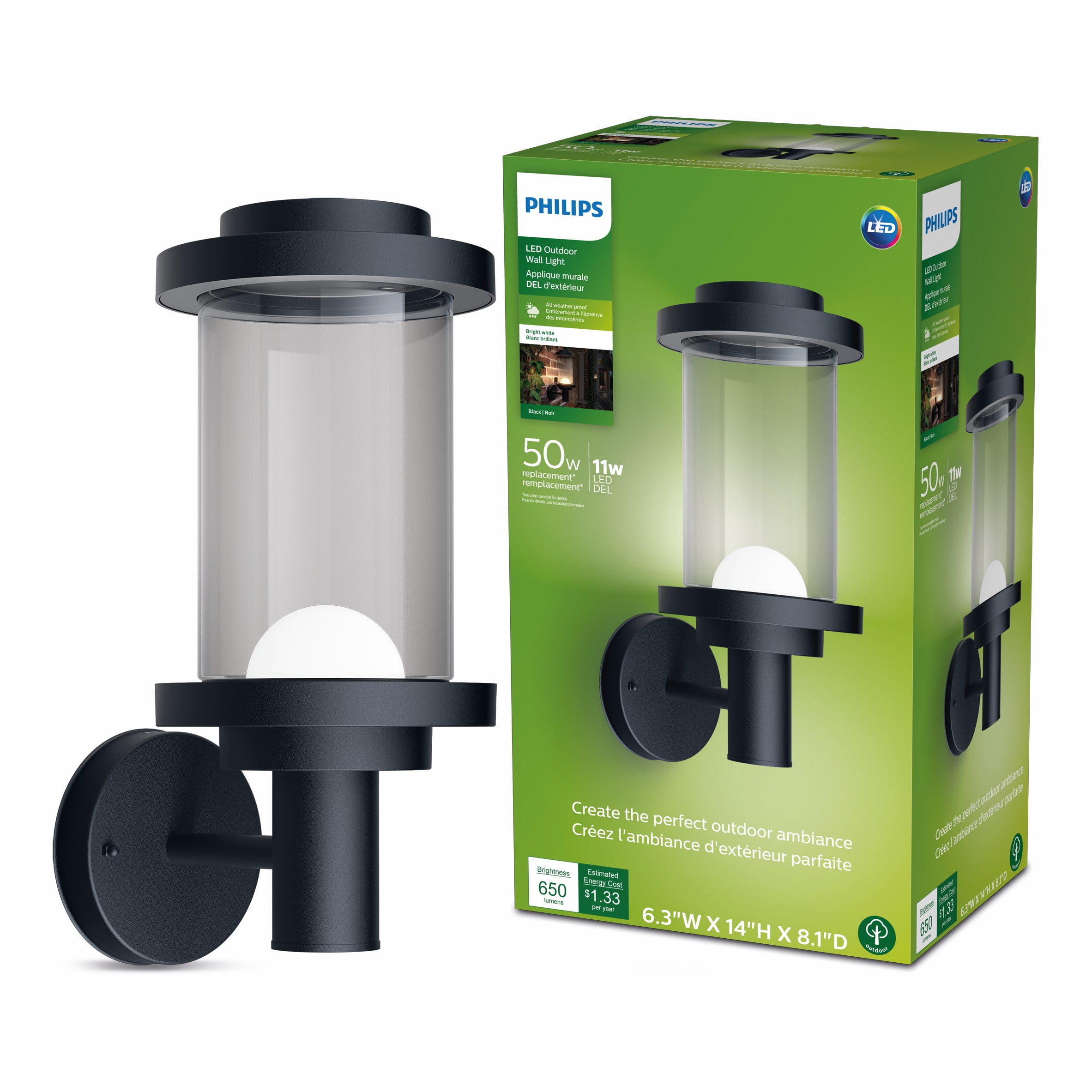 Philips Outdoor Bright White LED Wall Light Cylinder Sconce (50-Watt/650 Lumens Equivalent, Black) $11.89  + Free S&H w/ Walmart+ or $35+