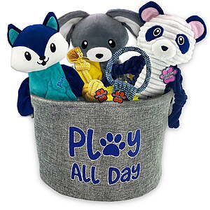 6-Piece Posh Paws Dog Toys & "Play All Day" Storage Bin Bundle Gift Set $  11.49 + Free S&H w/ Walmart+ or $  35+