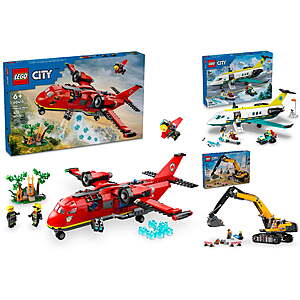 LEGO City Bundle: 403-Piece Emergency Air Ambulance Airplane, 633-Piece Yellow Construction Excavator, & 478-Piece Fire Rescue Plane $116 + Free Shipping