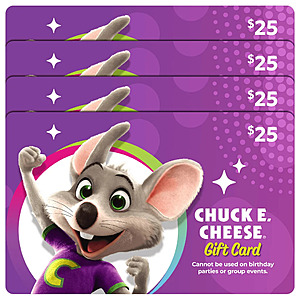 Costco Members: 4-Pack $25 Chuck E. Cheese eGift Cards $65 (Email Delivery)