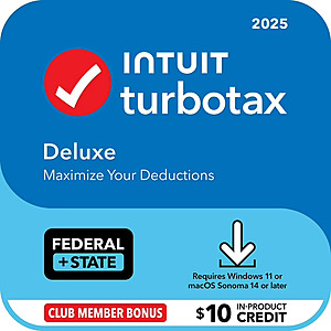 Sam's Club Members: Intuit TurboTax 2025 Tax Software + $10 Credit Towards In-Product Add-Ons: Deluxe (Federal+State) $44.99 & More (PC/Mac Download)