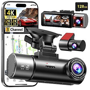 FAIMEE 3-Channel Dual-WiFi Dash Cam (4K Front + 2K Rear & Cabin) w/ GPS & 128GB Card