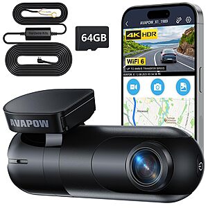 4K AVAPOW Front Dash Cam w/ WiFi 6, 64GB SD Card, Hardwire Kit & 24/7 Parking Mode or on
