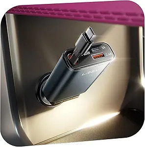 LISEN Retractable USB-C Car Charger, 72W Max (45W Cable, USB-C & USB-A Ports) or on