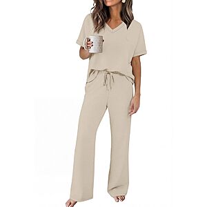 2-Pc Sampeel Women's Lounge Set w/ V-Neck Top & Wide-Leg Pants (Various Colors) $12 