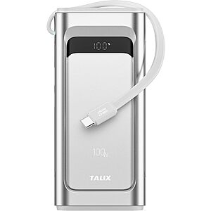 TALIX 100W 10,000mAh Portable Charger Power Bank w/ Built-In USB-C Cable (Silver)