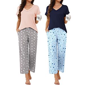 2-ct Ekouaer Women’s V-Neck Short Sleeve Pajama Sets w/ Ankle-Length Pants
