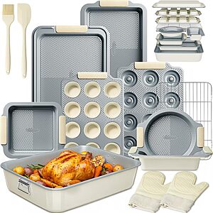 [Prime] 25-Piece Kikcoin Stackable Nonstick Carbon Steel Bakeware Set w/ Roasting Pan & Silicone Handles (Cream) $39.99 + Free Shipping