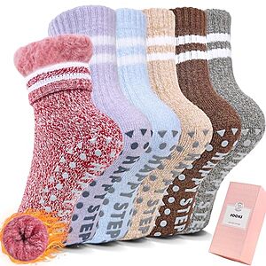 6-Pairs HUGSWEET Kids' Fuzzy Slipper Socks w/ Non-Slip Grips (6-12, Multicolor)