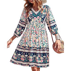 BTFBM Women's Floral V-Neck Ruffle Mini Dress w/ 3/4 Balloon Sleeves (S-XL, Various Prints) $14.99 + Free Shipping w/ Prime or on $35+