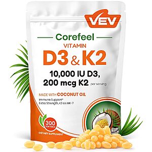 300-ct VEV Vitamin D3 K2 10,000 IU, 200 mcg K2 Coconut Oil Softgels $5.40 w/ S&S