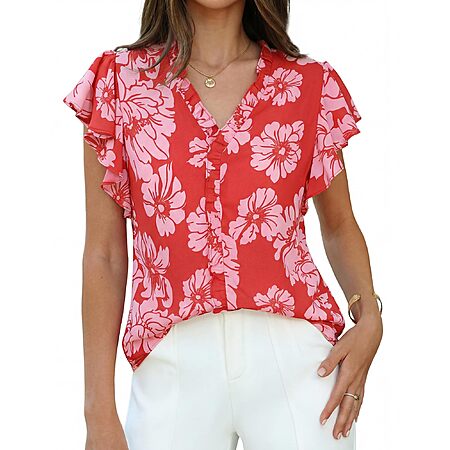 Prime Members: GRACE KARIN Women's Floral V-Neck Chiffon Blouse w/ Ruffle Sleeves (S-XXL, Various Colors/Prints) from $10.25 + Free Shipping
