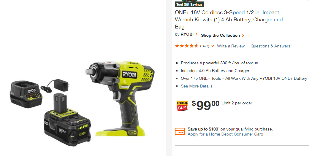 (YMMV) Ryobi 18v 1/2in Impact Wrench + 4ah Battery $99
