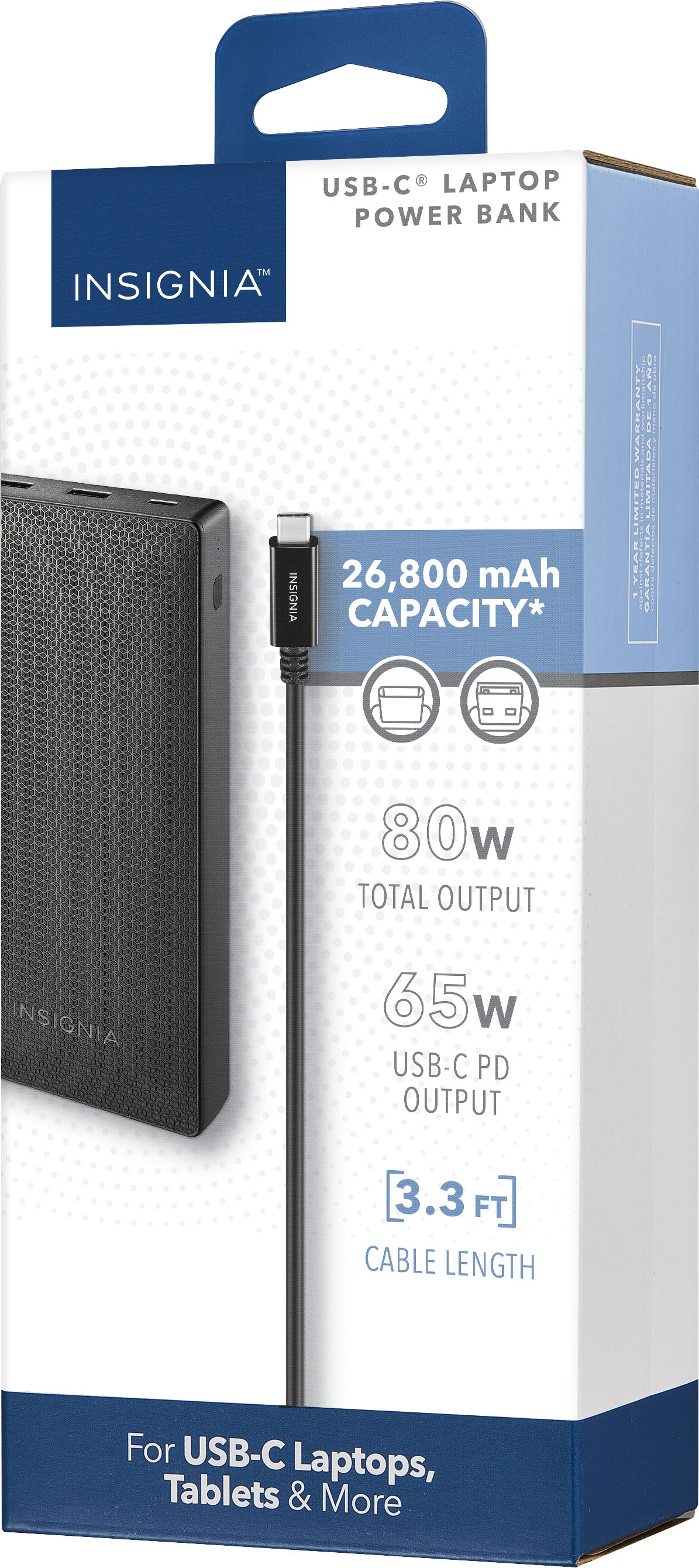 Insignia™ - 80 W 26,800 mAh Portable Charger for Most USB-C Laptops - BlackInsignia 26,800mAh USB-C Portable Charger w/ 65W Power Delivery $28.99