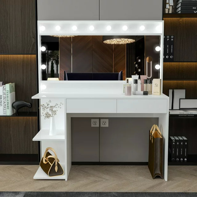 56" x 47" Ember Interiors: Emery Modern Painted Vanity Table W/ LED Lights (White) $158 + Free Shipping
