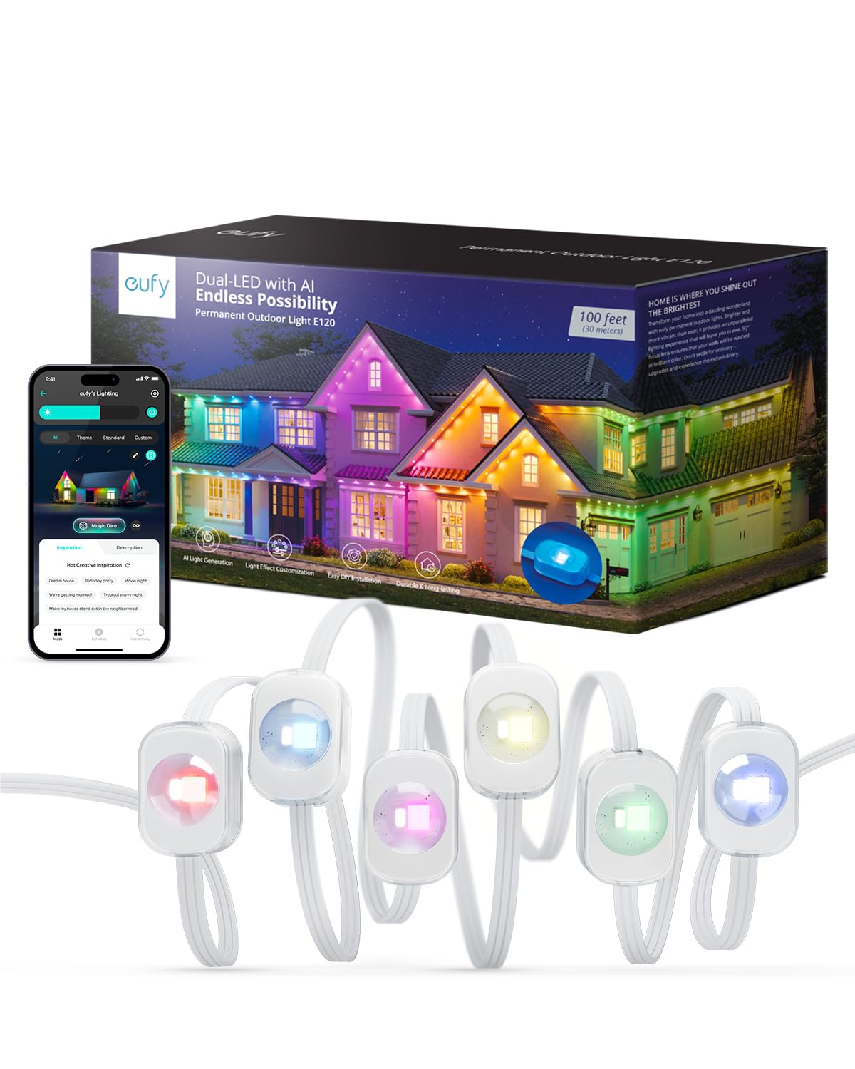 100' Eufy Permanent Outdoor Smart String Lights w/ 60 DualLED (RGB