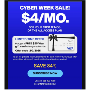 SiriusXM All Access Cyber Week Promo $4/Mo For Your First 12 Mos + $25 Visa Gift Card