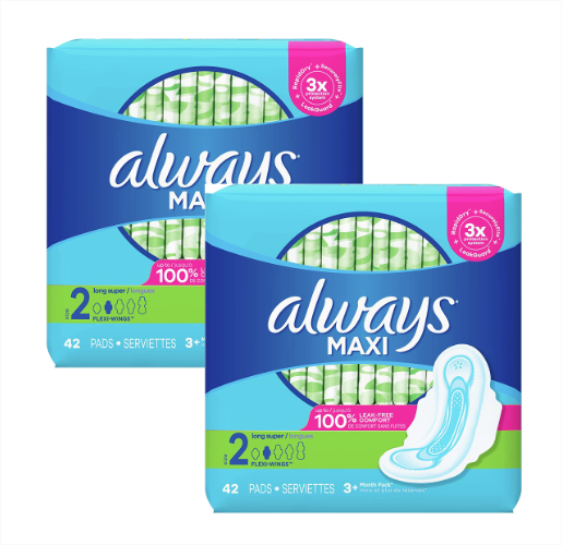 33-Count Always Maxi Pads Unscented Long Super Absorbency w/ Wings (Size 2) 2 for $11.05 ($5.53 Each), More + Free Shipping w/ Prime or $25+
