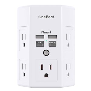 One Beat 5-Outlet + 4 USB (2x USB-C) Outlet Extender (White) $7 