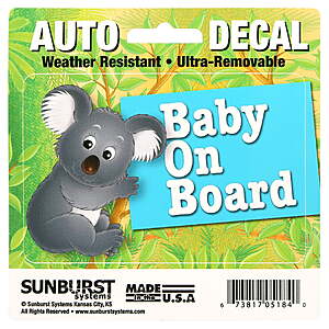 5"x5" Sunburst Systems Baby on Board Koala Decal $3.62 + Free S&H w/ Walmart+ or on $35