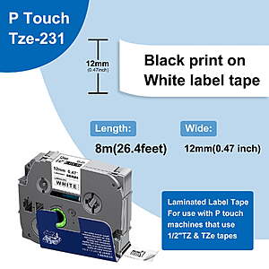 5-Pack 0.47" Label Maker Replacement Tape compatible w/ Brother P Touch 231 (White) $13.09 + Free S&H w/ Walmart+ or on $35+