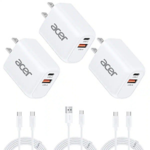 3-Pack Acer 20W Dual Port USB-A and USB-C Charger Block w/ 6.6' Power Cable (White) $9.99 + Free Shipping