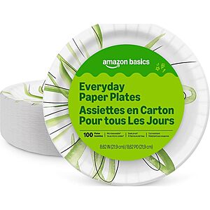 [Prime] 100-Count Amazon Basics 8.62" Disposable Paper Plates $4.81 w/ S&S + Free Shipping